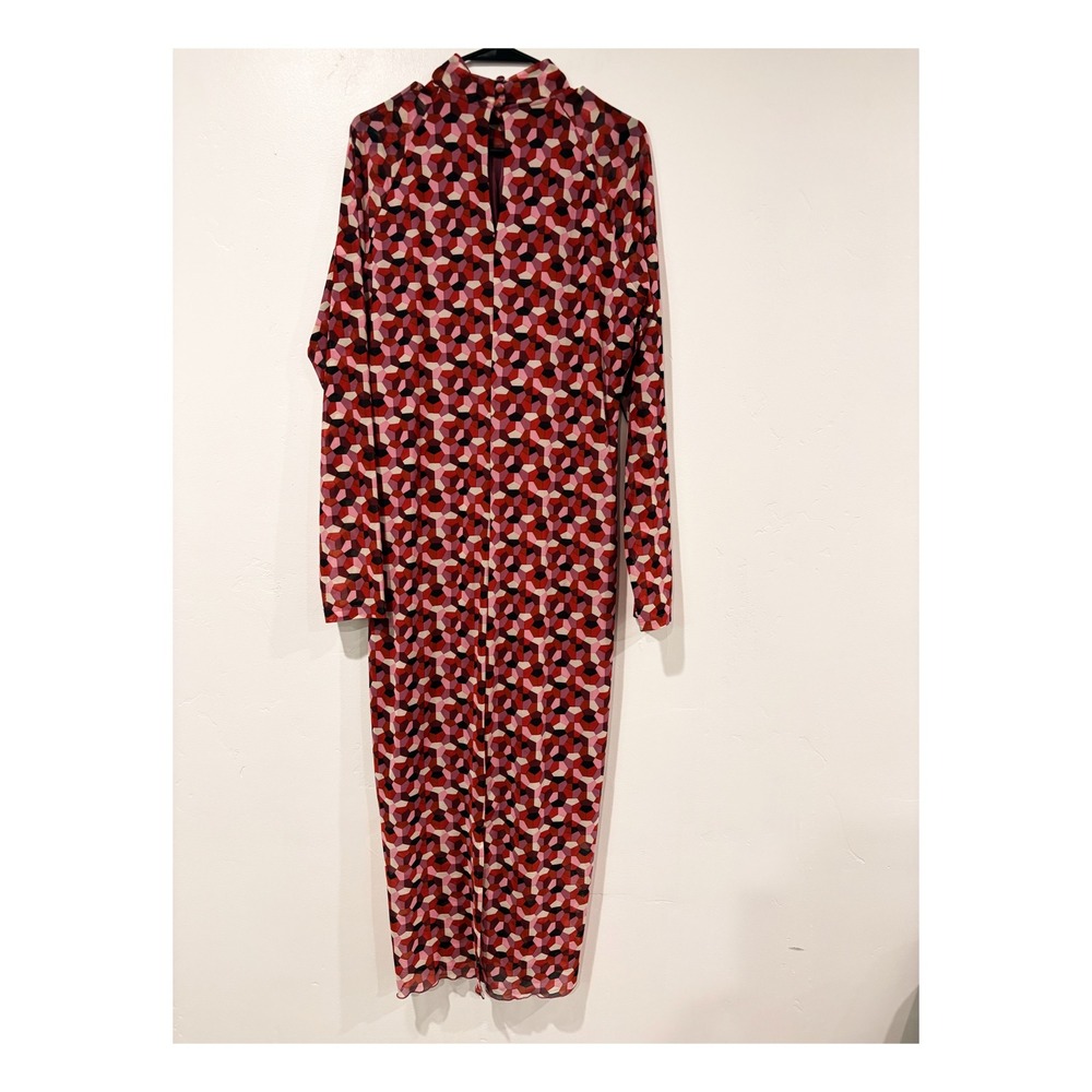 Anthropologie Mesh Geometric Honeycomb Mock Neck Midi Dress Red Pink XL - Picture 3 of 5